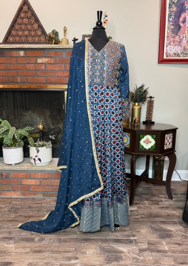 Blue Black Ajrakh Anarkali Suit